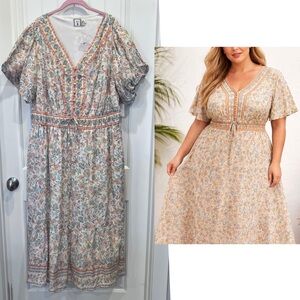 NWT LEA Boho Cotton Floral Lined Button Maxi Dress Pockets Elastic waist 2X